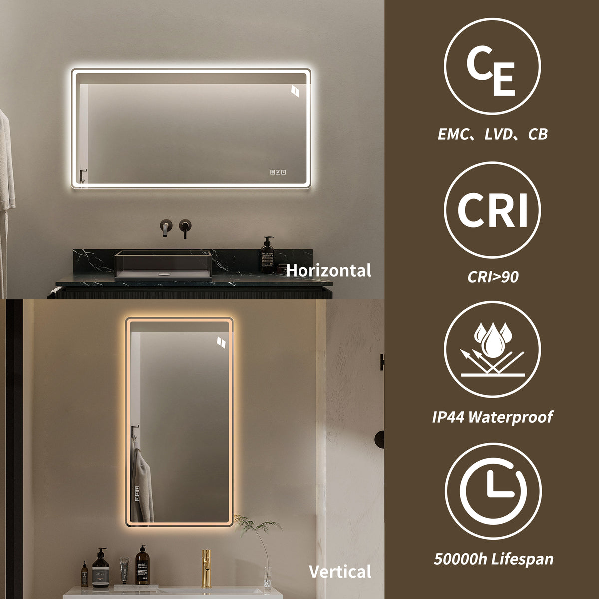 Frameless LED Bathroom Mirror 60x100cm Anti-Fog, Tempered Glass