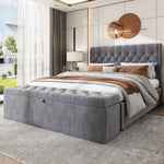 Upholstered Bed with Hydraulic Storage and Bench, 140x200cm, Grey Velvet