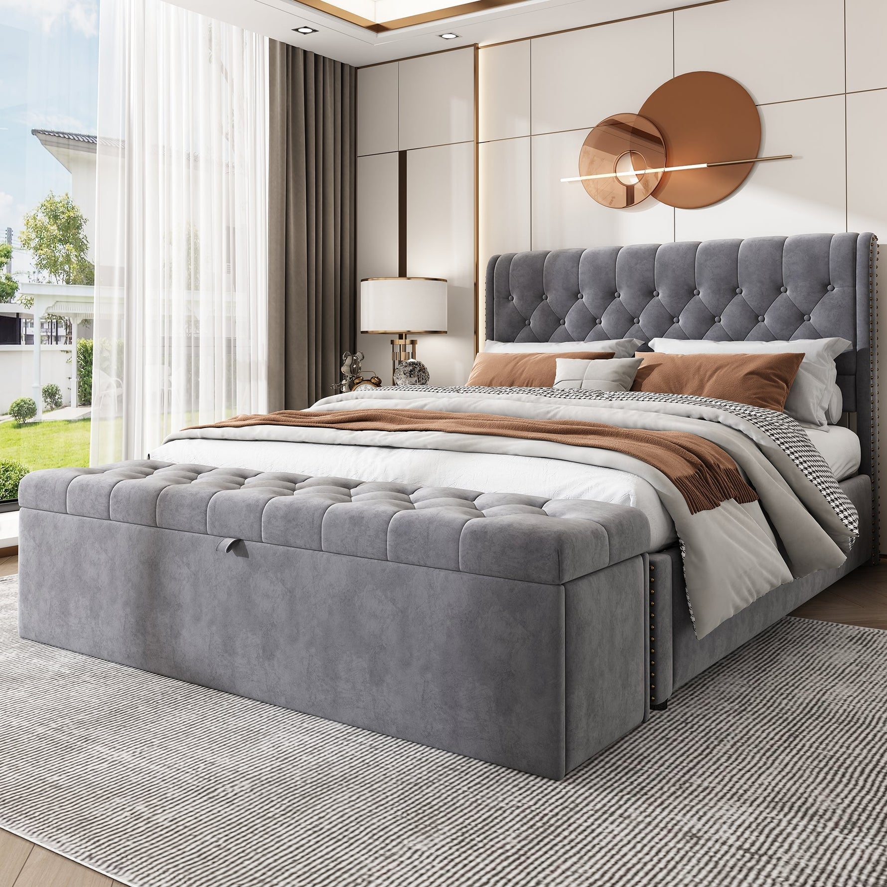 Upholstered Bed with Hydraulic Storage and Bench, 140x200cm, Grey Velvet