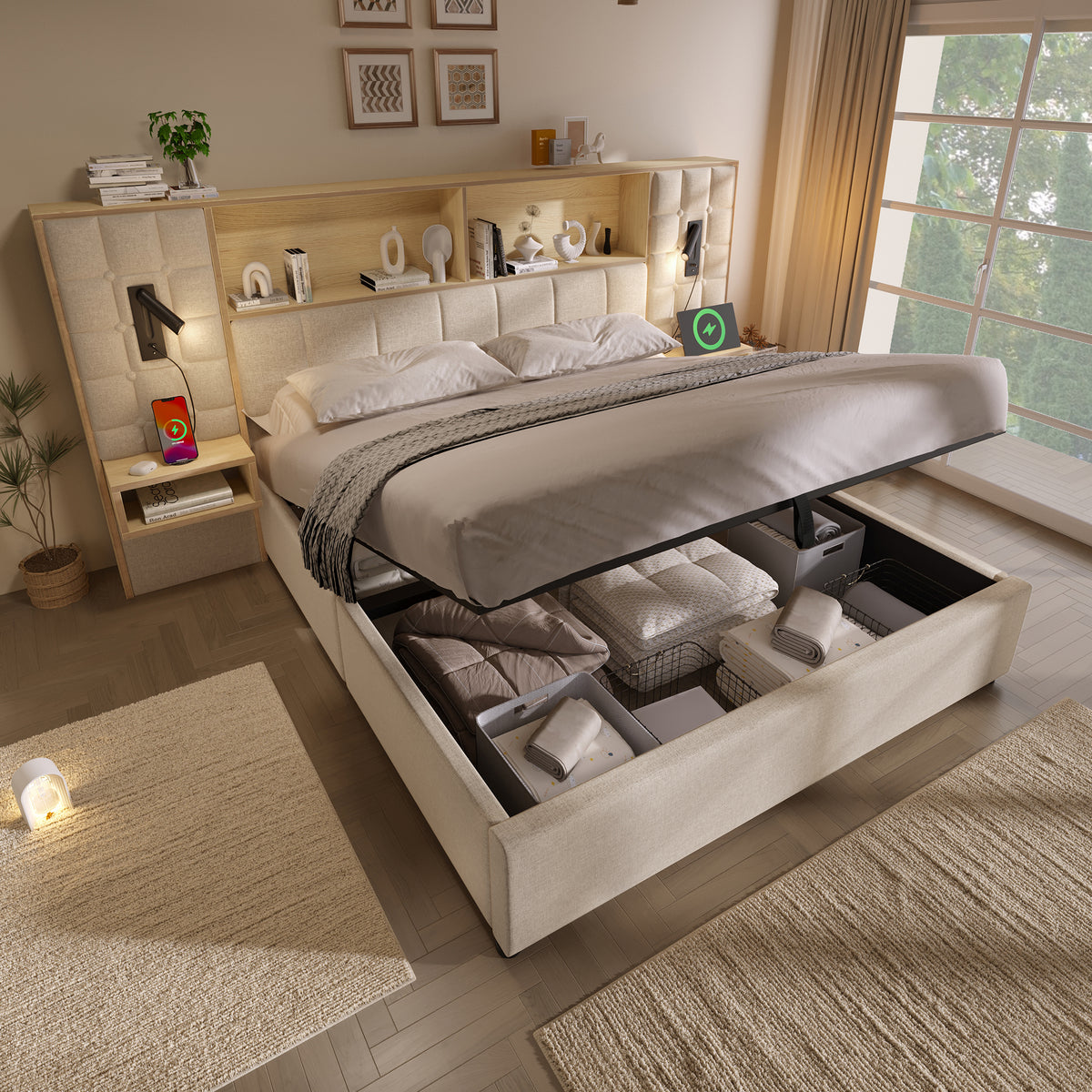 Upholstered Bed 180x200 with Storage, LED & USB, Beige Linen Fabric