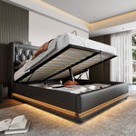 Upholstered Double Bed, 140x200cm Hydraulic Storage with USB Type-C Charging & 3-Sided LED, Black PU