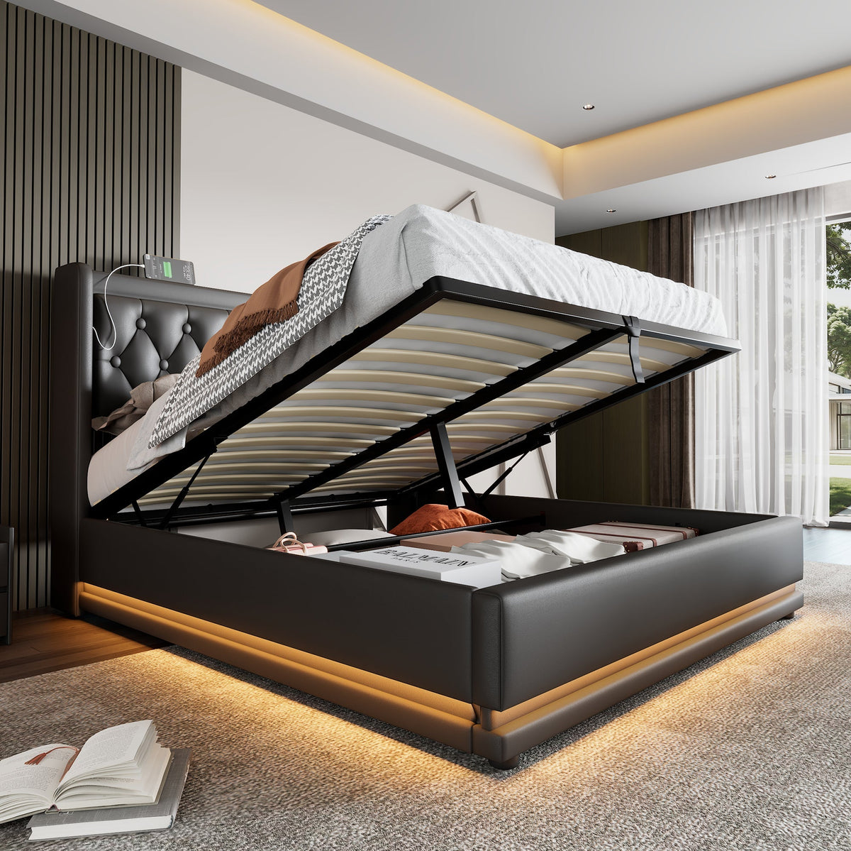 Upholstered Double Bed, 140x200cm Hydraulic Storage with USB Type-C Charging & 3-Sided LED, Black PU