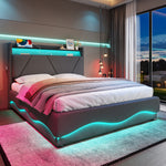 Modern Upholstered Bed, LED Headboard Storage USB Ports, 160 x 200 cm