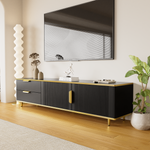 TV Cabinet, Lowboard with Carved Structure, Golden Accents