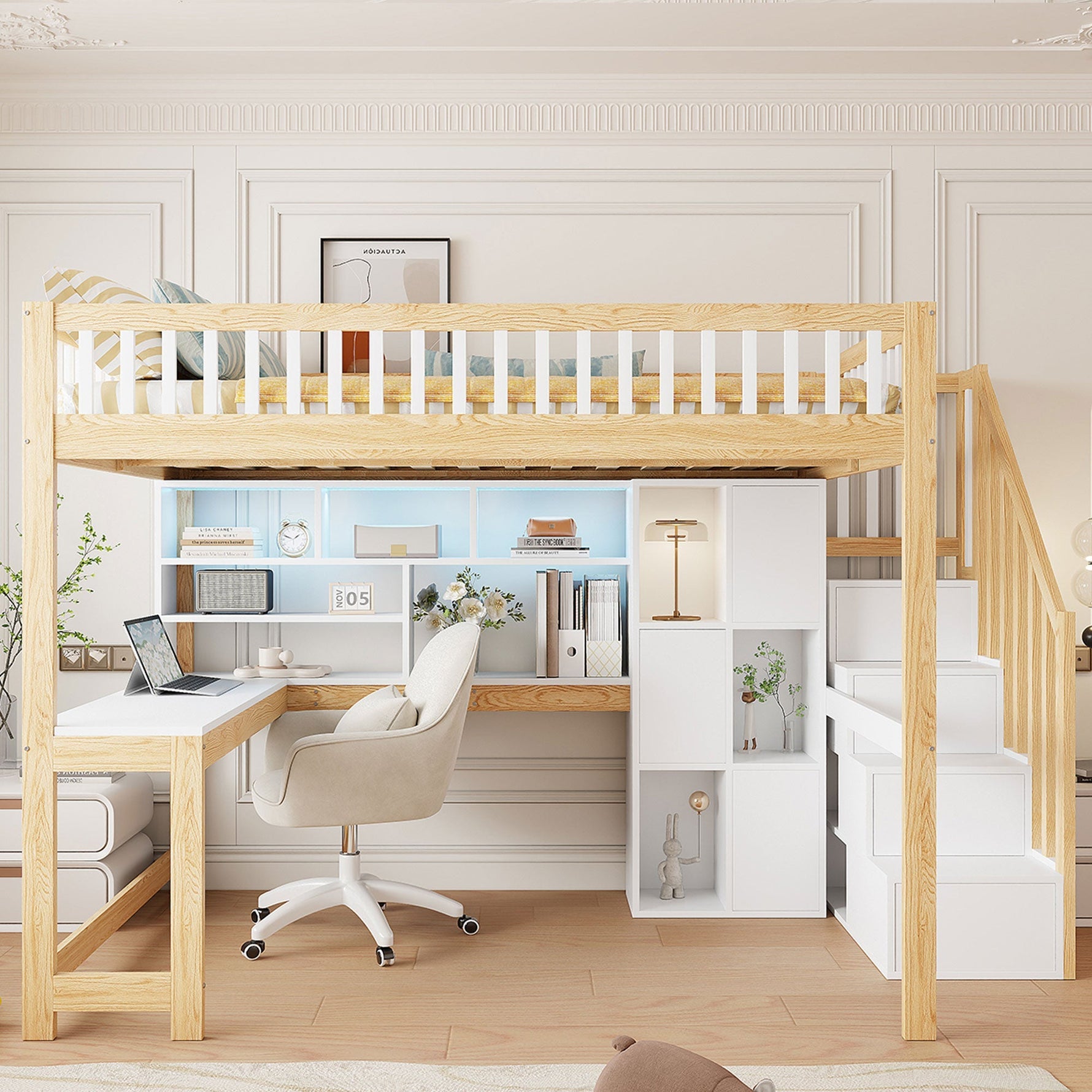 Loft Bed with Desk, LED Lights and Storage Shelves, 140x200cm, White and Natural