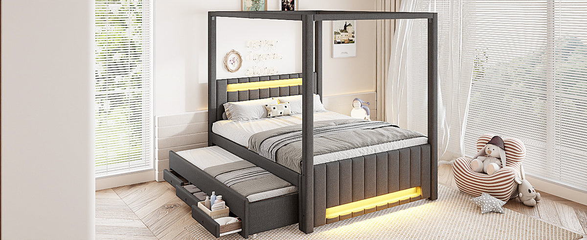Upholstered Four-Poster Bed 140x200cm, Pull-Out & 3 Drawers, Grey