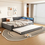 Daybed 140x200cm with Pull-out Bed, Storage, USB and LED, Grey Linen