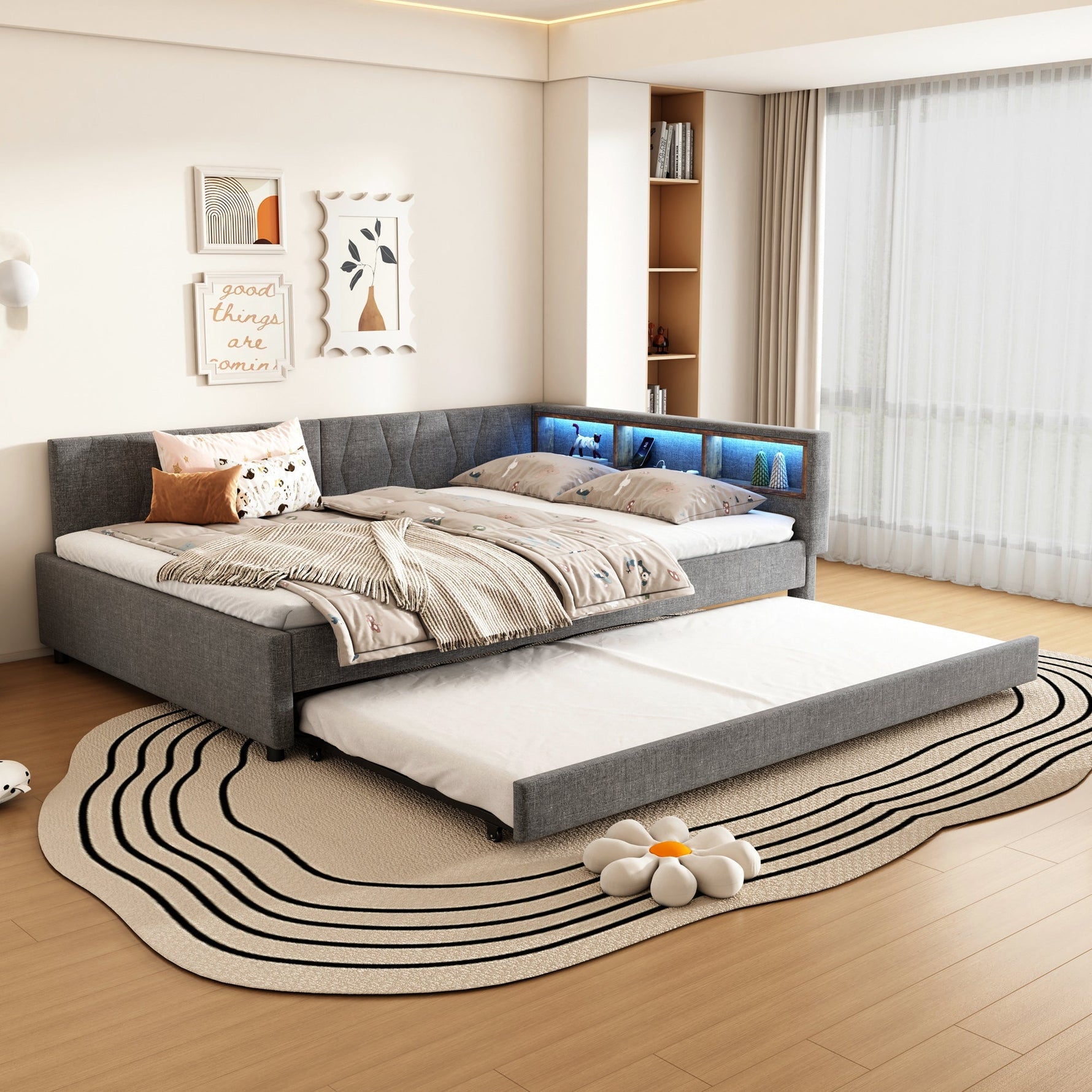 Daybed 140x200cm with Pull-out Bed, Storage, USB and LED, Grey Linen