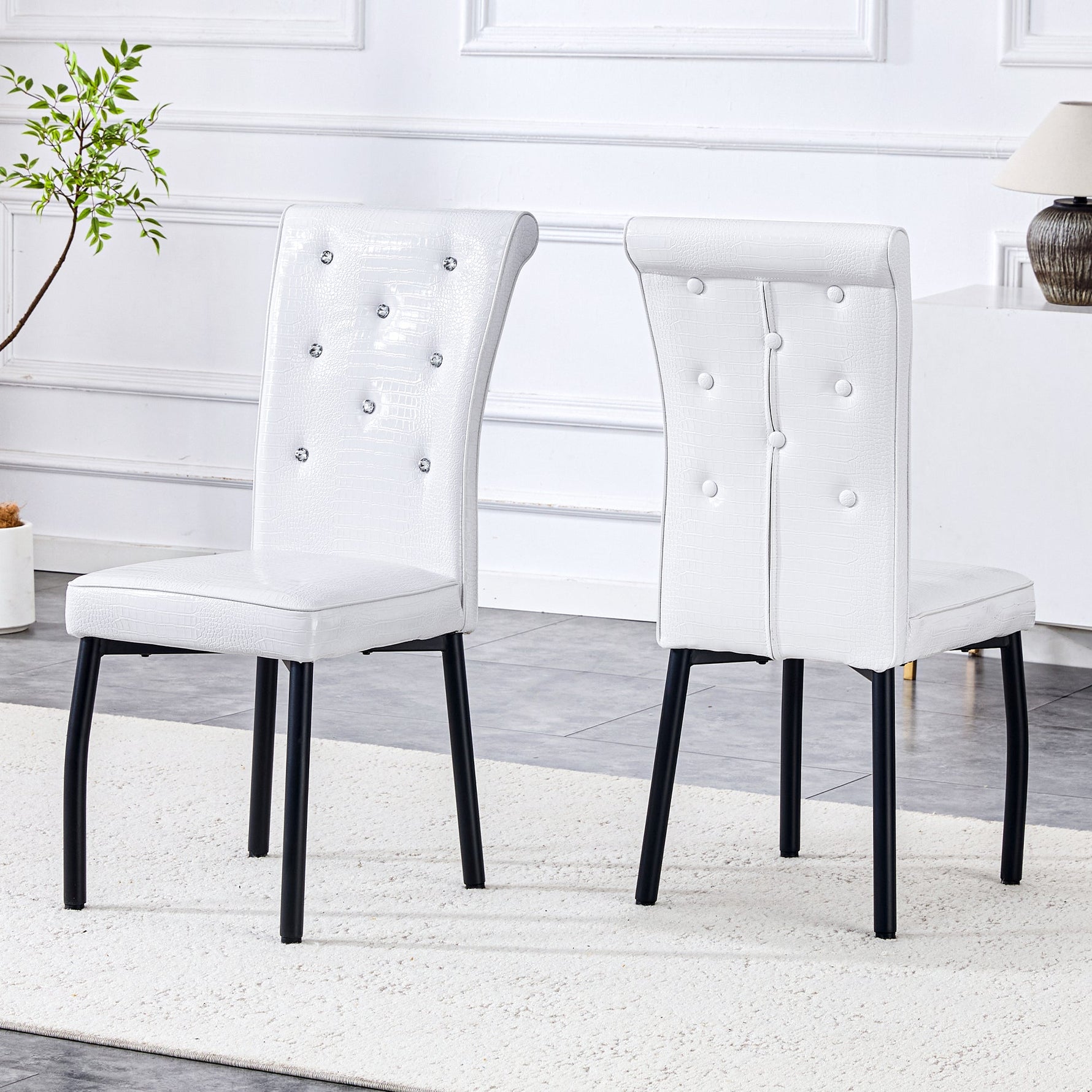 Set of 2 Dining Seats Soft Retro Crocodile Pattern Crystal Clasps White and Black Faux Leather