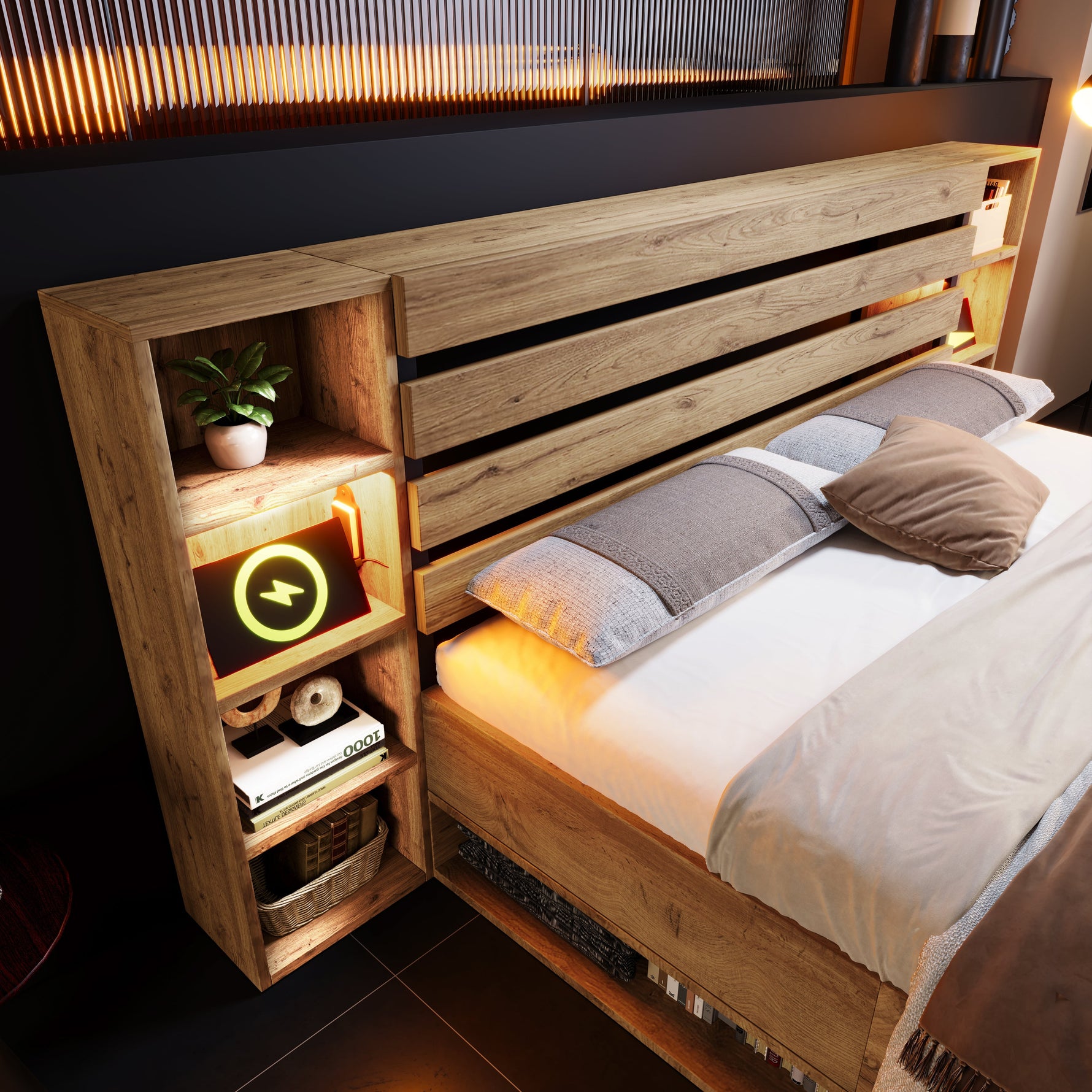 Double Bed 160x200 Storage LED USB-C Headboard Drawers Solid Wood Oak