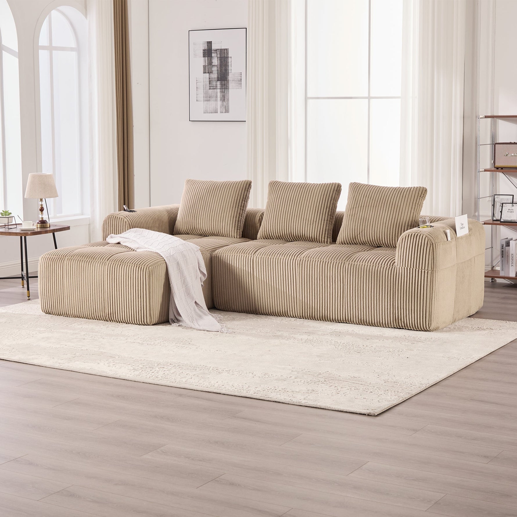 Compact Sofa Modular Side Pocket Cup Holder 3 Cushions - Corduroy Khaki