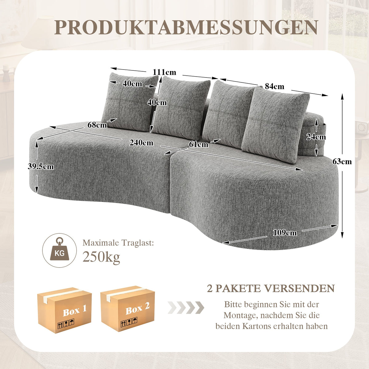 Linen Sofa with 4 Cushions, Cup Holder and Side Pocket, Light Grey