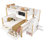 Children's Bunk Bed with Chalkboard, Drawers and Double Bed, 90x200cm and 140x200cm, White and Light Oak