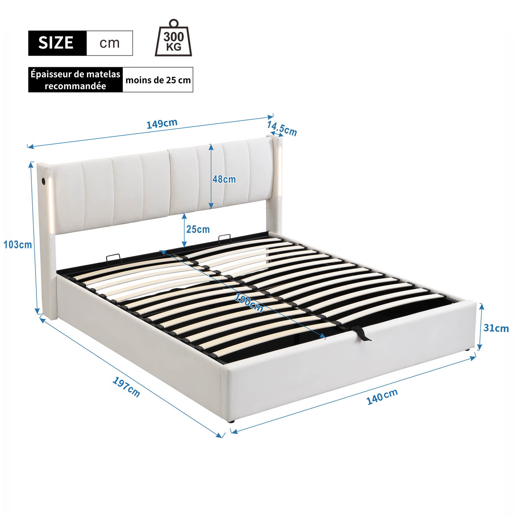 Upholstered Bed 140x190cm Hydraulic Storage Adjustable Headboard LED USB White Faux Leather