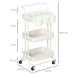 Serving Cart, 3-Tier Storage with Hooks, Steel White