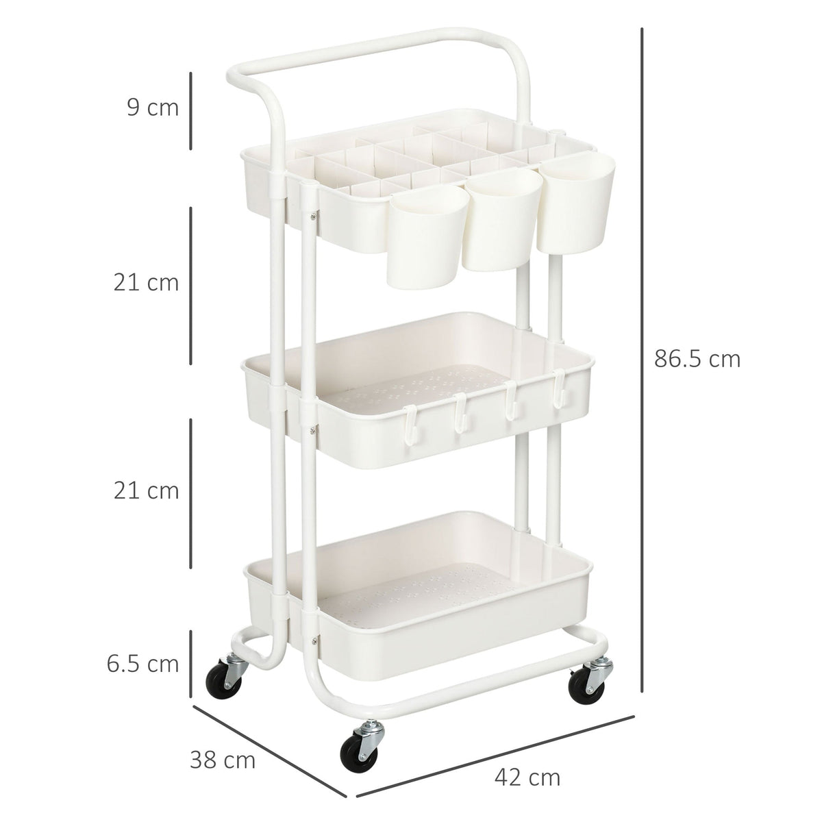 Serving Cart, 3-Tier Storage with Hooks, Steel White