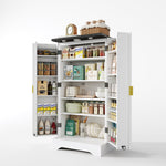 Kitchen Cabinet with LED Light, Spice Rack, Adjustable Shelves, Double Doors - White
