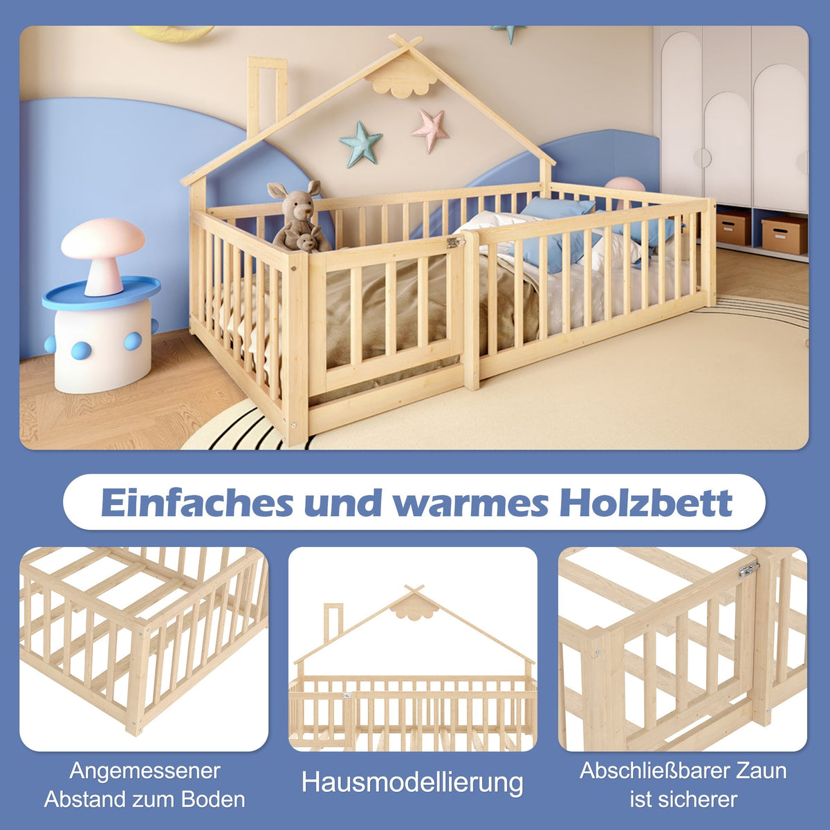Flatbed 90x190cm House Rail Lockable Railing - Natural Pine Wood