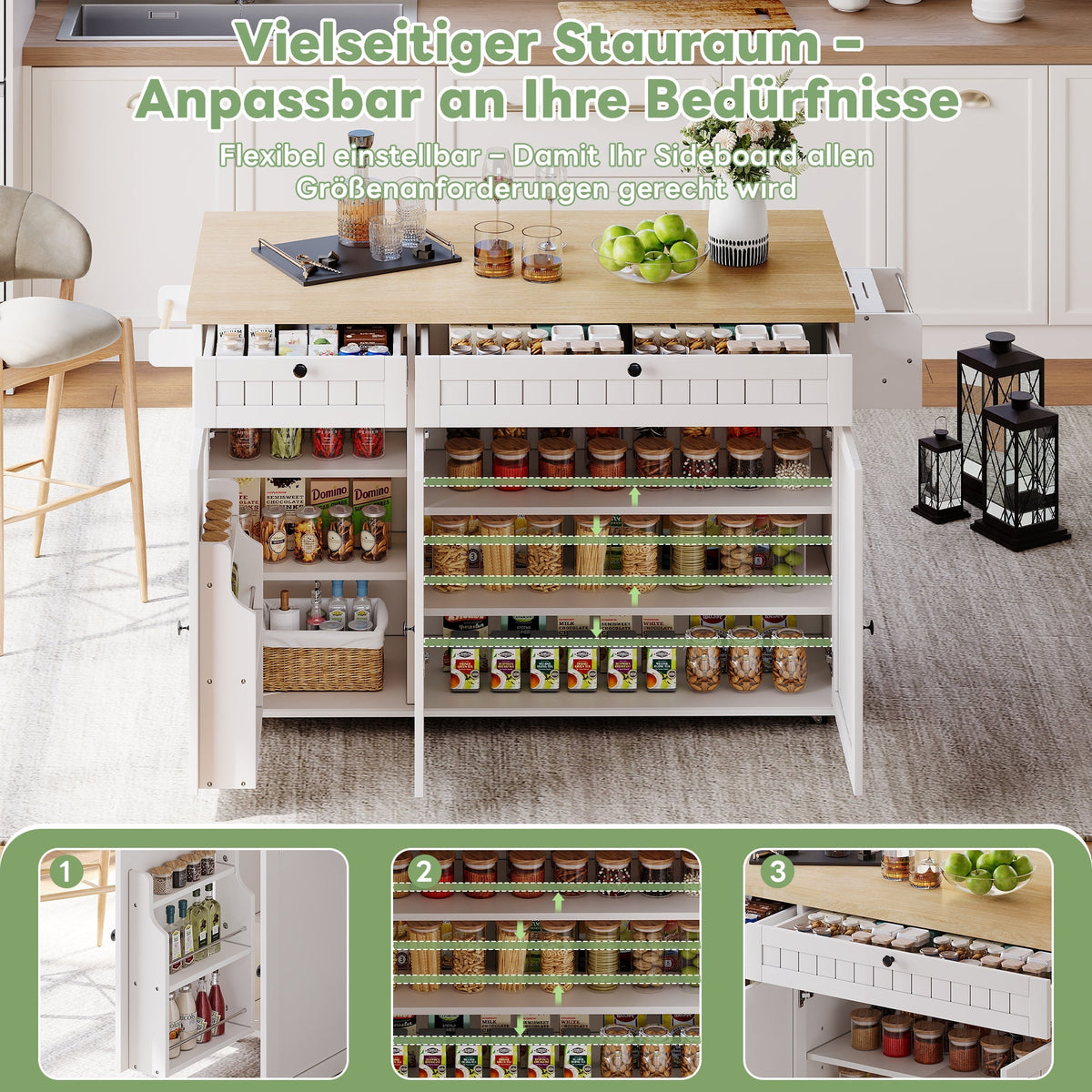 Kitchen Island Cabinet, Fold-Down Worktop Drawers Casters, White