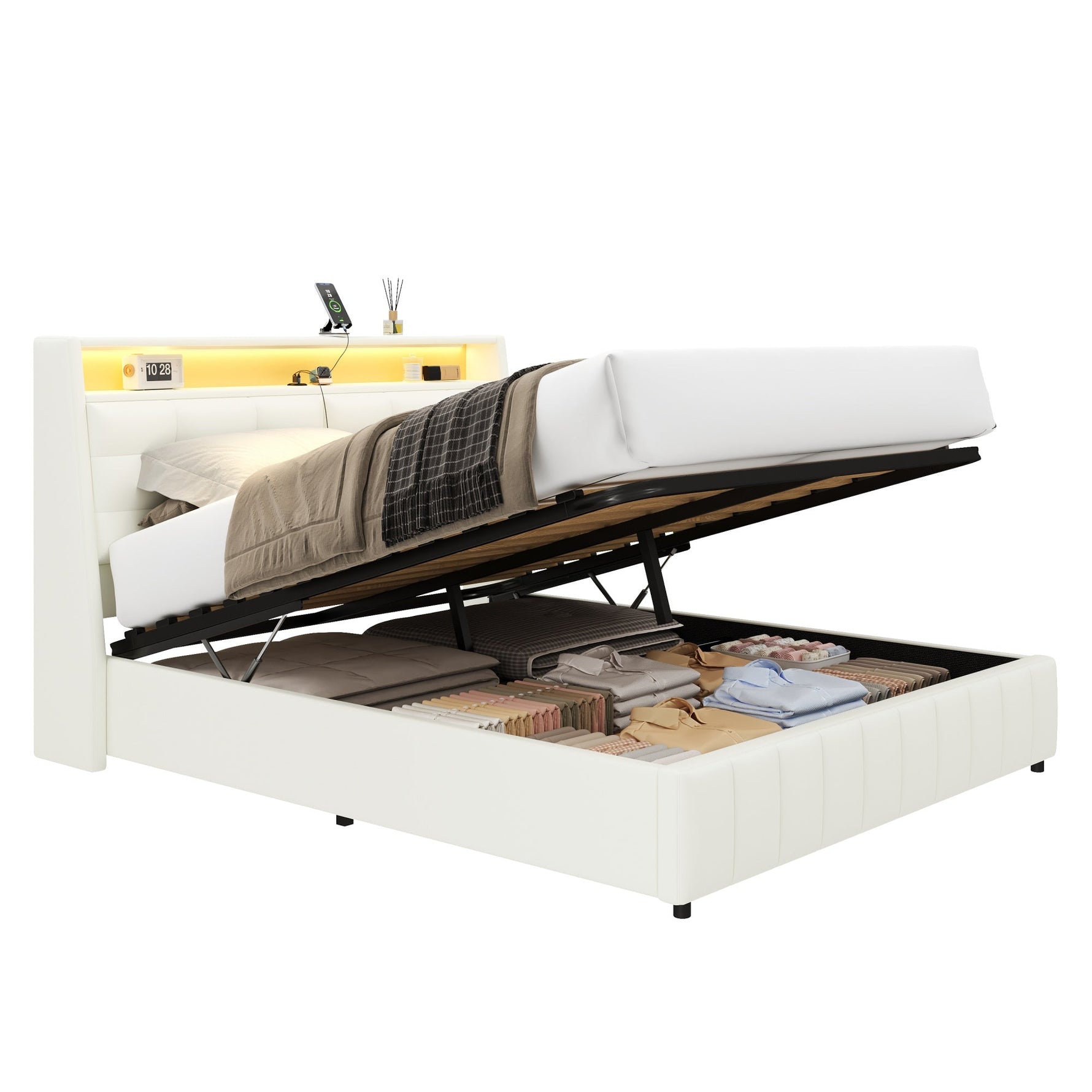 Upholstered Platform Bed 160x200 LED USB Storage Adjustable Headboard - White