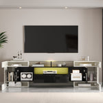 TV Cabinet Low Panel 200 cm LED Lighting High-Gloss White/Black with Glass Surface