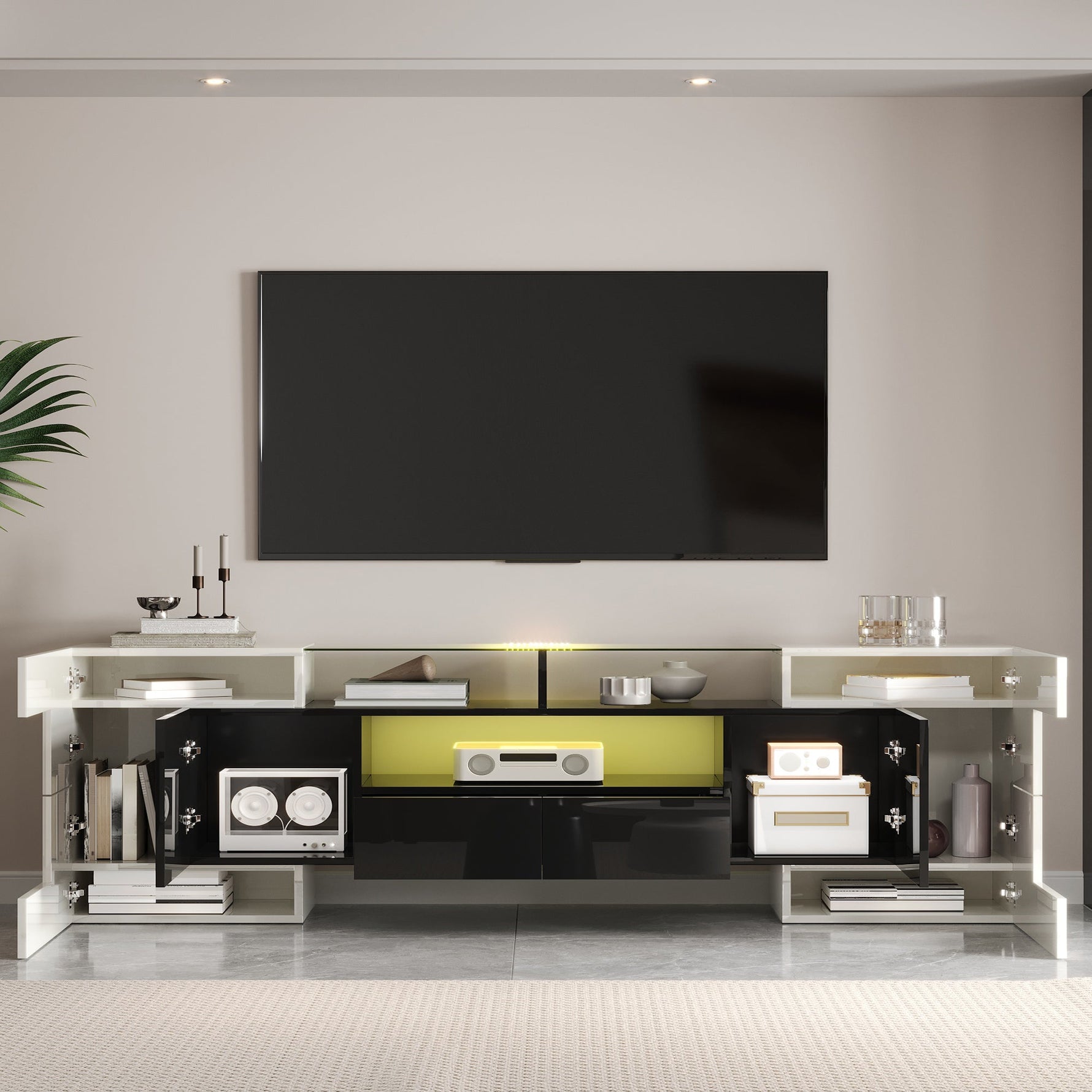 TV Cabinet Low Panel 200 cm LED Lighting High-Gloss White/Black with Glass Surface