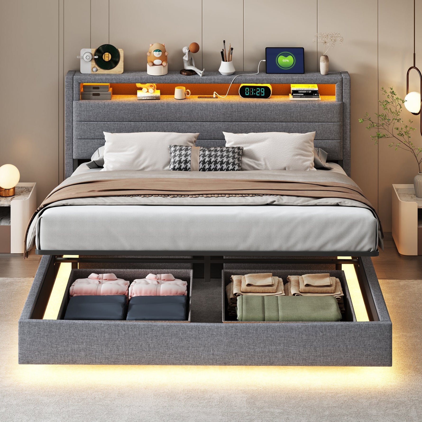 Upholstered Bed 160x200 cm, Hydraulic Floating Frame with Storage, USB & LED, Linen Grey