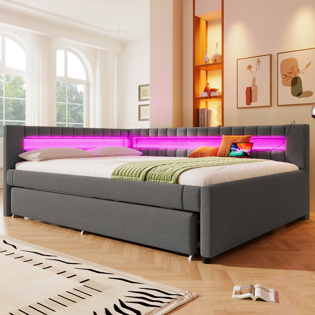 Daybed Sofa Bed 140x200cm with LED Light & Trundle, Grey Linen