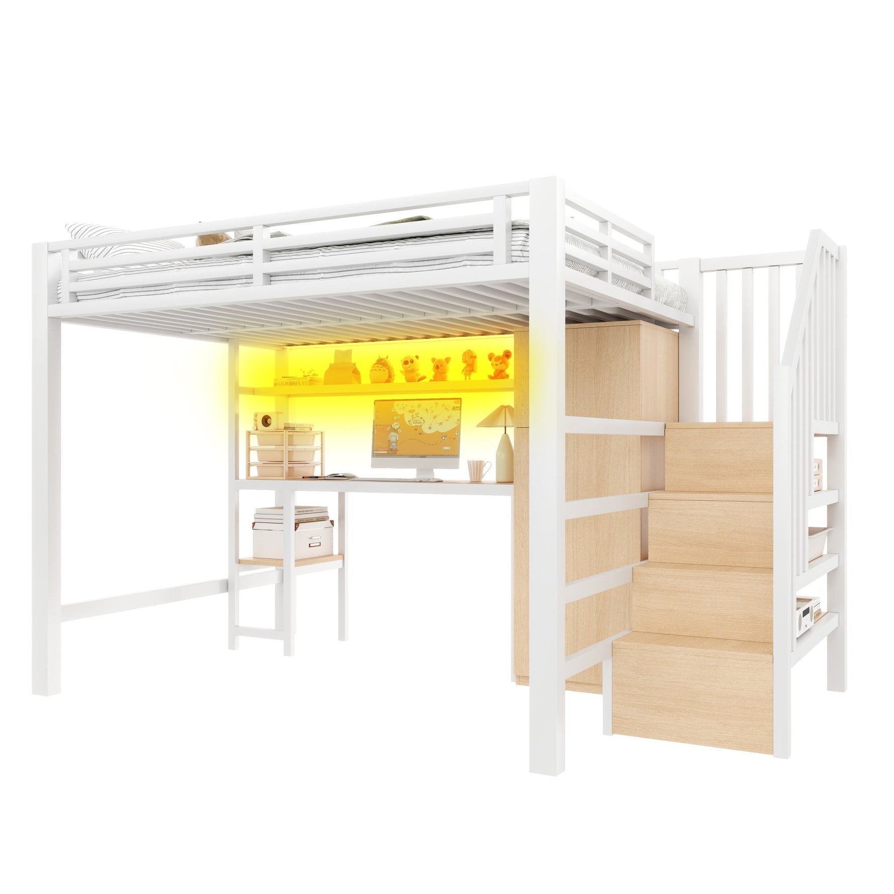 Metal Loft Bed with Desk, Shelf, Wardrobe and Storage Stairs, 140x200cm, White