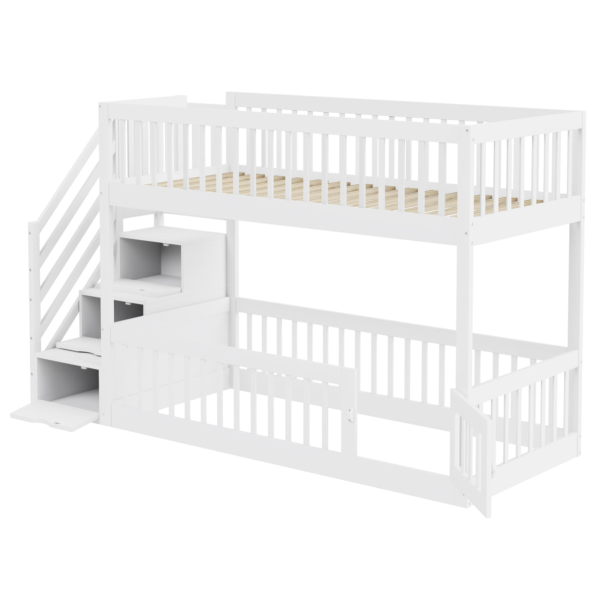 Bunk Bed 90x200 with Safety Stairs & Drawers, White Wood