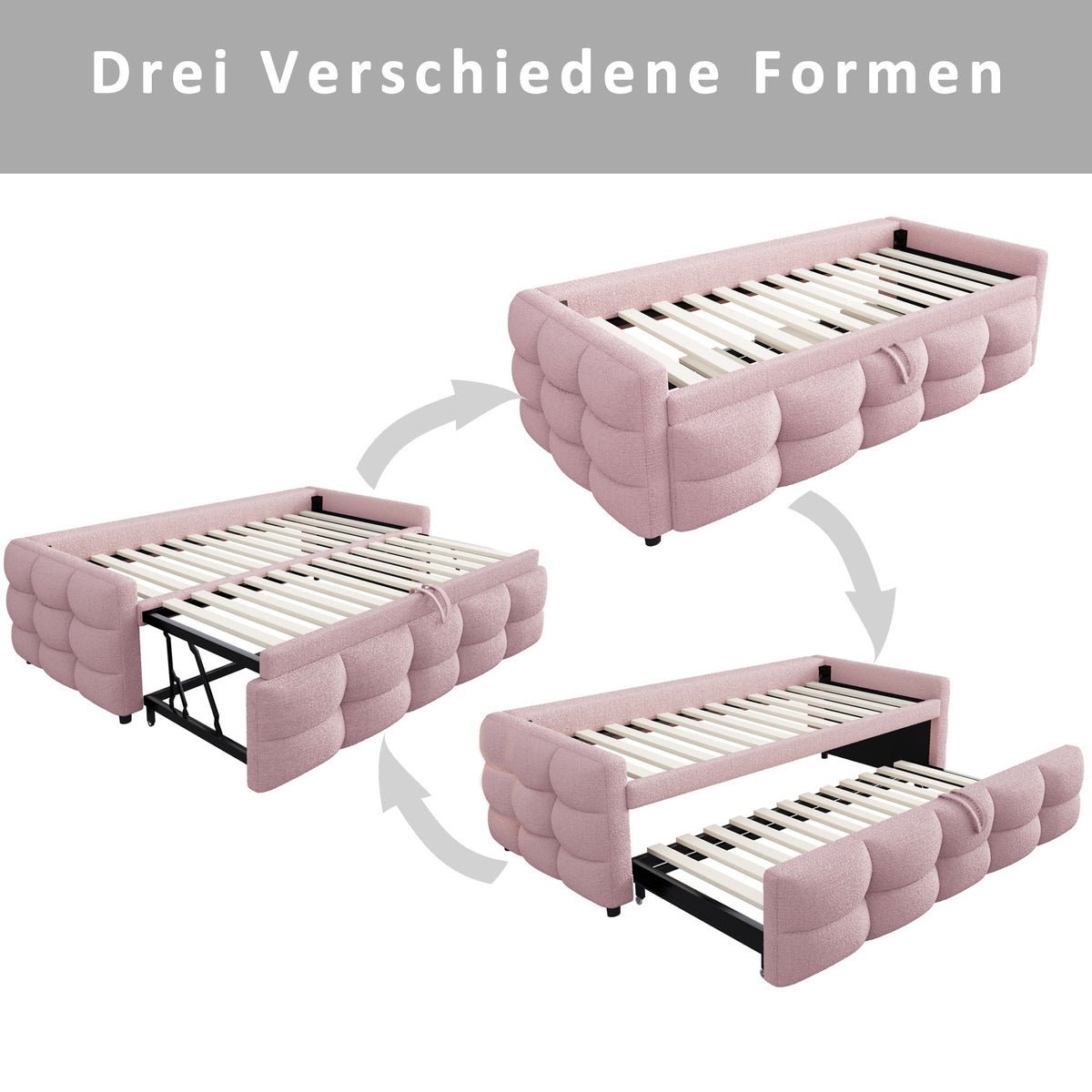 Upholstered Extendable Sofa Bed with Slatted Base, 90/180x190cm, Pink Teddy Velvet