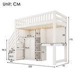 Children's Loft Bed with Desk, Wardrobe, Ladder Cabinet and USB Ports, 90x200cm, White Wood