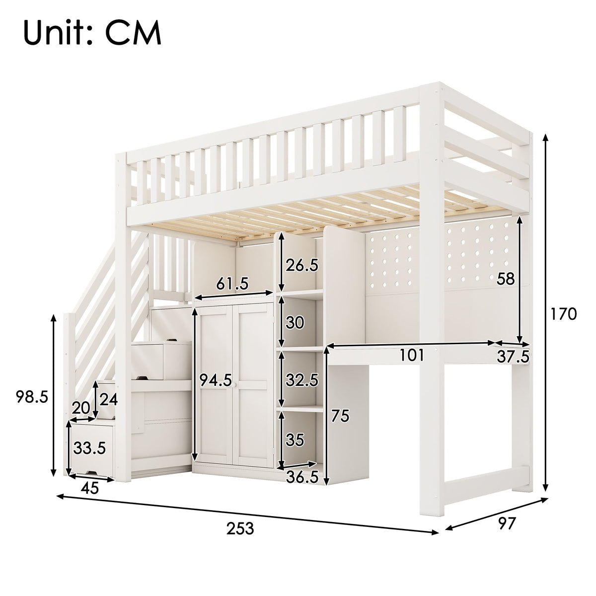 Children's Loft Bed with Desk, Wardrobe, Ladder Cabinet and USB Ports, 90x200cm, White Wood