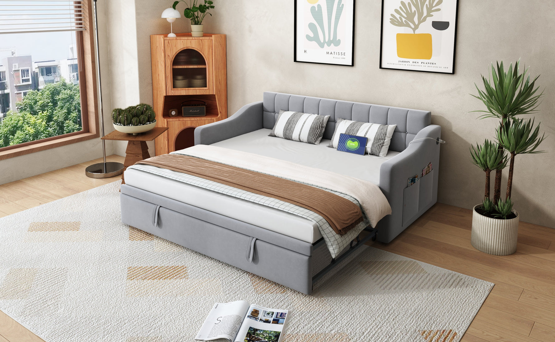 Upholstered Bed Sofa, 2-in-1 Multifunctional with Socket & Storage Bag, Light Grey Velvet