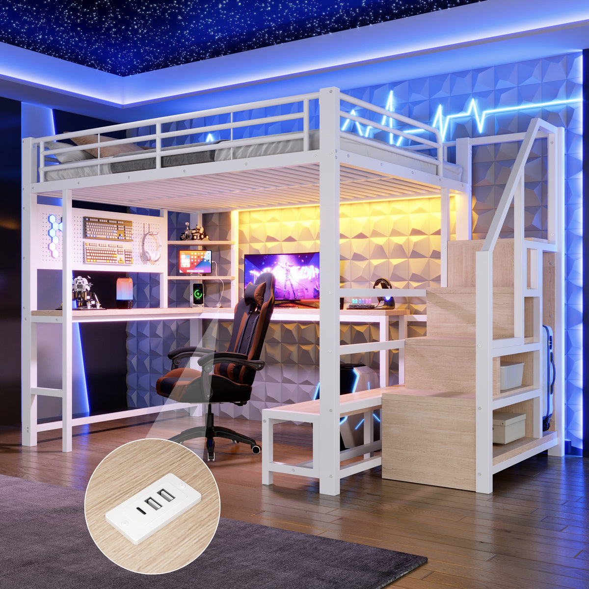 Loft Bed 140x200cm with Desk, Shelves & LED Lighting, White