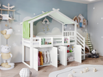 Bunk Bed, Safety Gate, Wardrobe, Lockers, Stairs, 90x200cm, White & Green Pine+MDF+Plywood