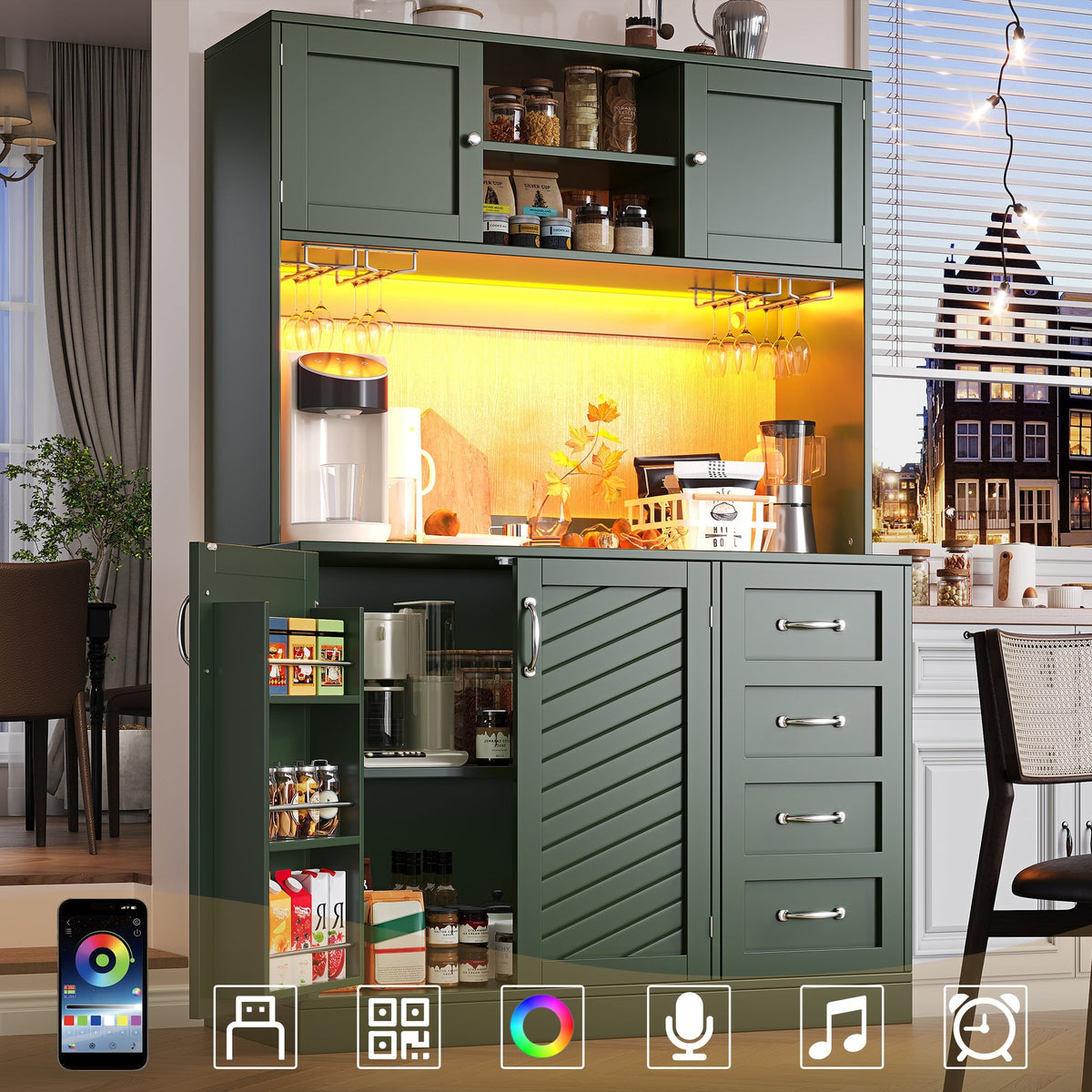 Sideboard with LED Lighting and Drink Holders, Green and White