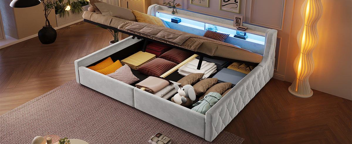 Velvet Platform Bed 140x200 with Hydraulic Storage & LED, Beige