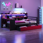 Multifunctional Wooden Sofa Bed with Desk, Bookshelf, Lighting and Sockets, 90x200cm, Black and Red Wood
