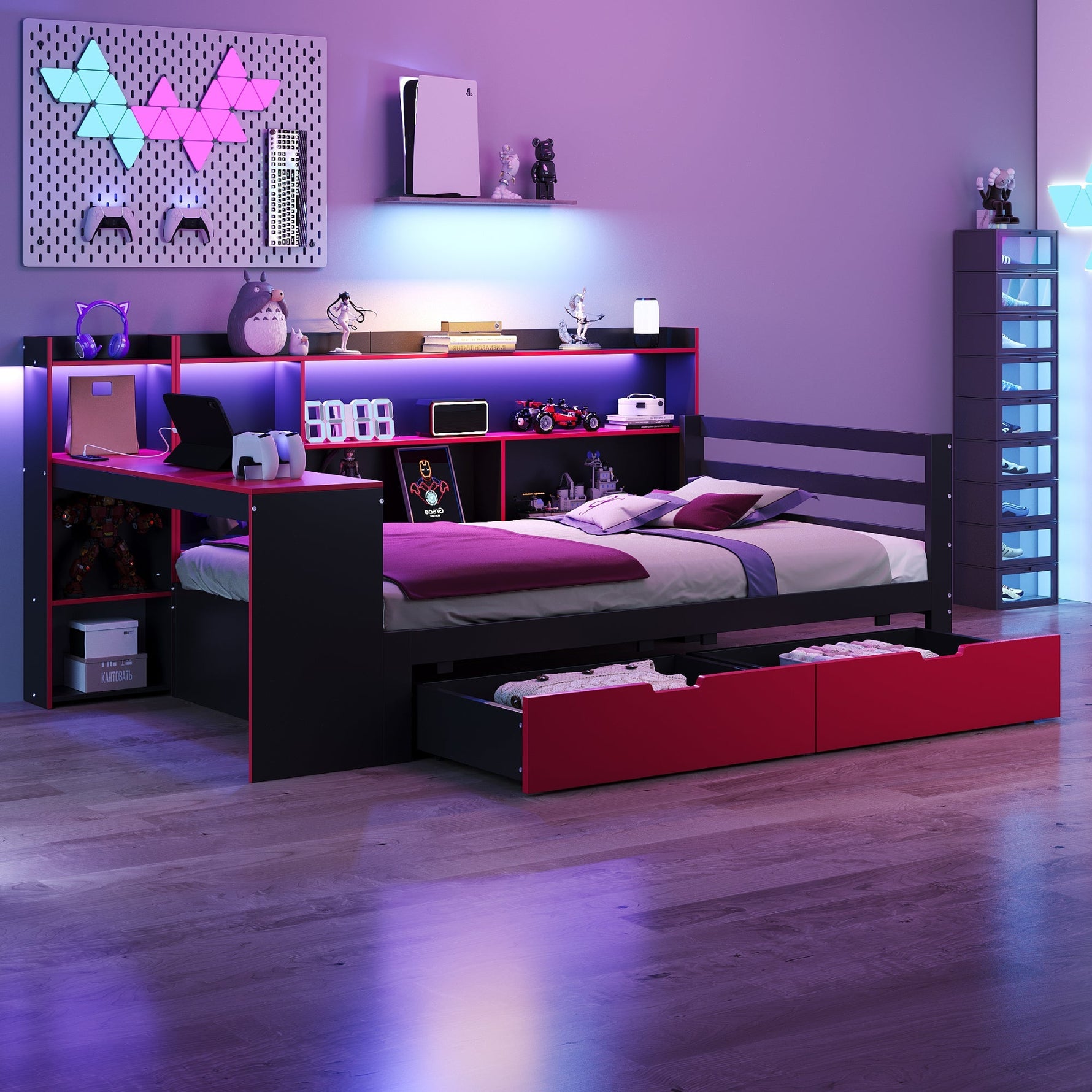 Multifunctional Wooden Sofa Bed with Desk, Bookshelf, Lighting and Sockets, 90x200cm, Black and Red Wood