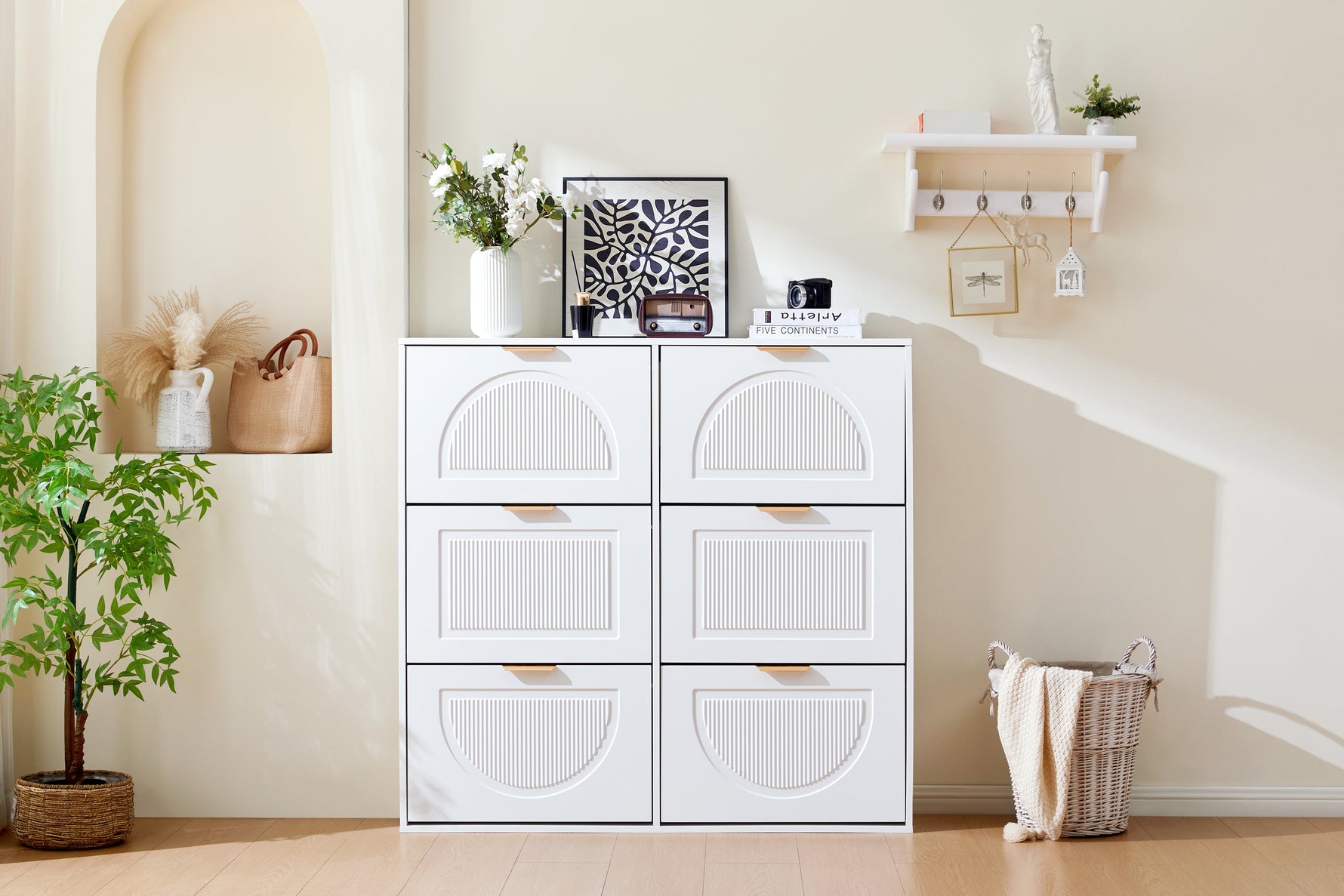 Shoe Cabinet 6 Flaps Open Shelves Freestanding 118x115x25cm - White