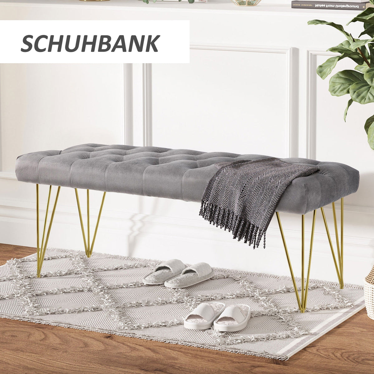 Shoe Bench, Velvet Cover, Entrance Area, Grey
