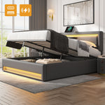 Upholstered Bed with USB Charging, LED Lighting and Storage, 140x190cm, Grey PU Leather