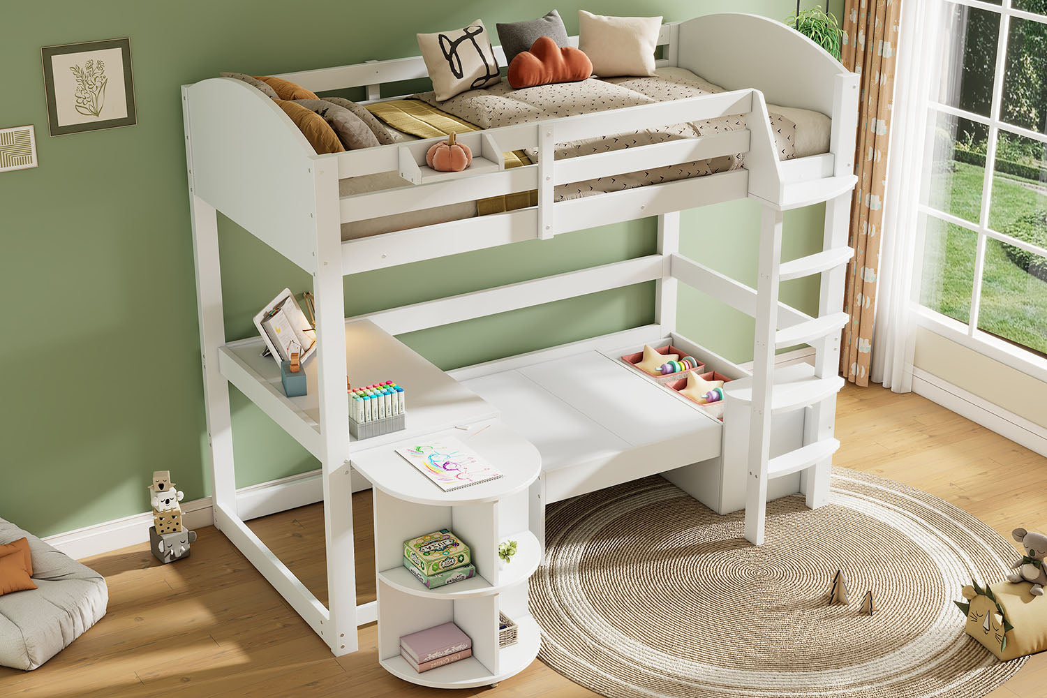 Children's Bunk Bed Multifunctional Ladder Pull-out Table Storage Sofa 90x200, White
