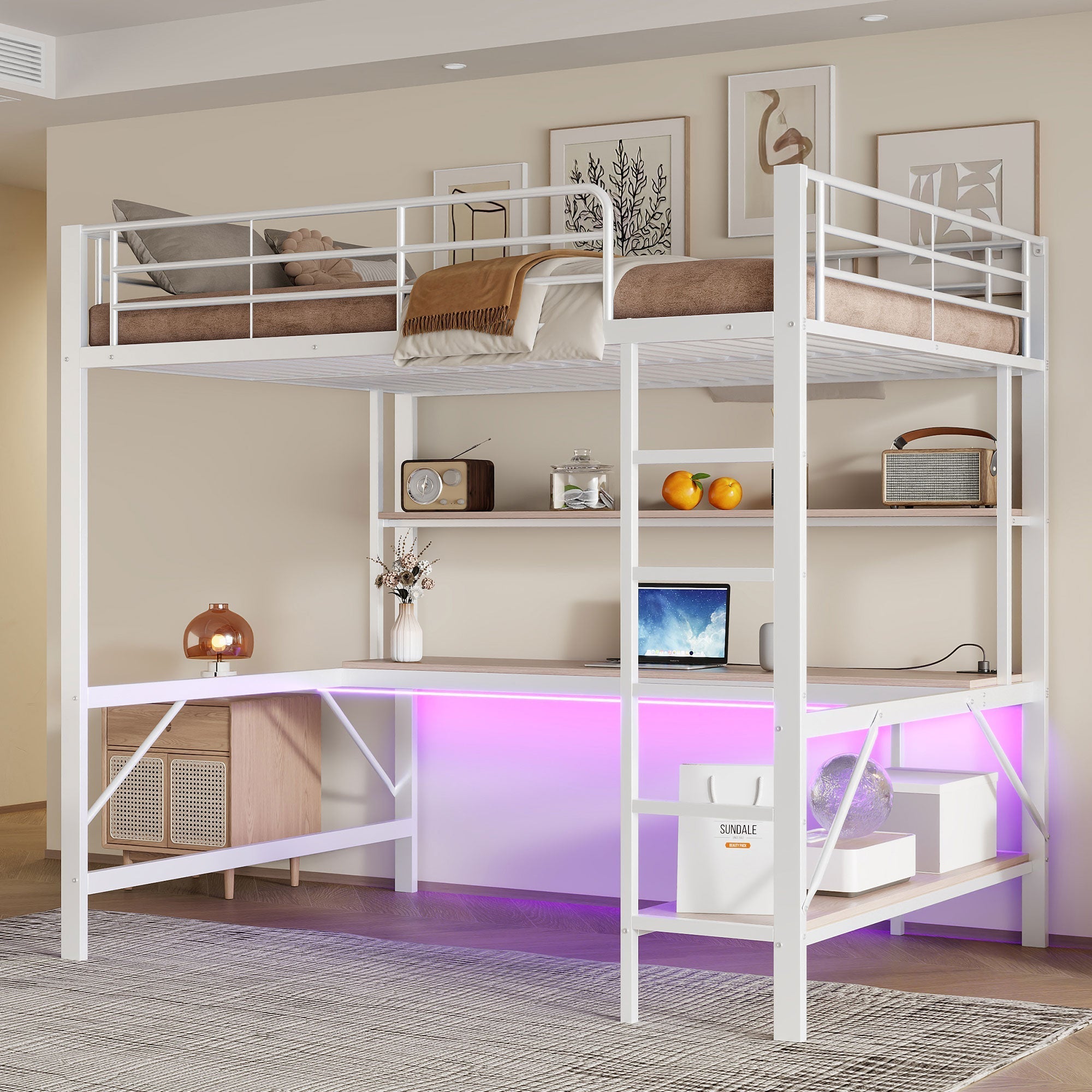 Loft Bed 140x200cm Desk Shelf LED USB/Power Outlet - White Metal