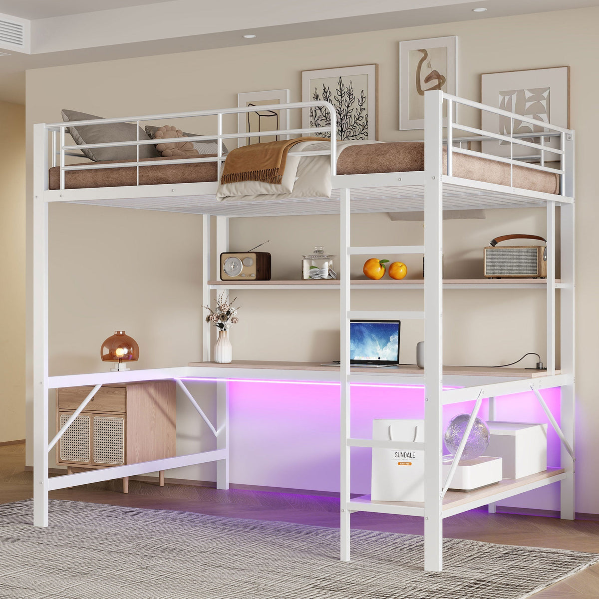 Loft Bed 140x200cm Desk Shelf LED USB/Power Outlet - White Metal