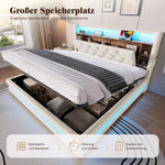 Upholstered Storage Bed 160x200cm with LED & USB, Beige Velvet