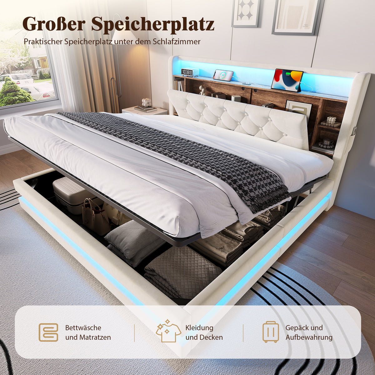 Upholstered Storage Bed 160x200cm with LED & USB, Beige Velvet