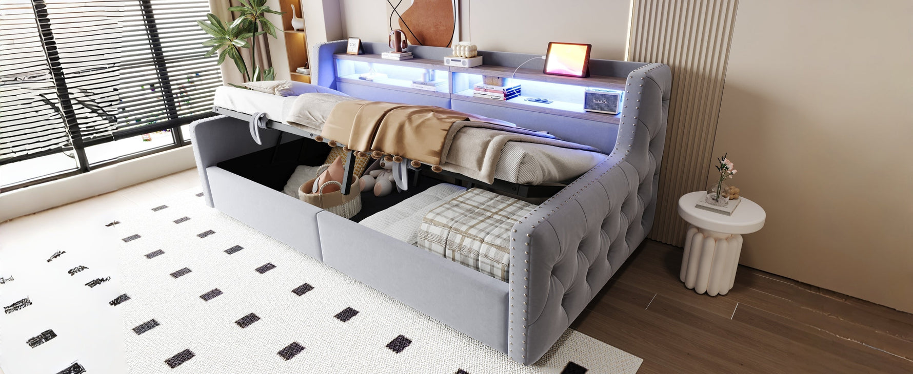 Upholstered Sofa Bed with Hydraulic Storage, LED, and Charging Port, 90x200cm, Light Grey
