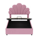 Upholstered Double Bed 90x200cm Floral Headboard Hydraulic Storage Velvet Beige/Pink